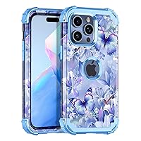 Casetego for iPhone 15 Pro Max Case,Three Layer Heavy Duty Sturdy Shockproof Full Body Rugged Hard PC+Soft TPU Bumper Protective Girls Cover Case for Apple iPhone 15 Pro Max 6.7 inch,Blue Butterfly