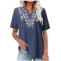 Floral Embroidered T-Shirts Women Cotton Linen Chinese V Neck Tee Tops Summer Casual Short Sleeve Vintage Blouses