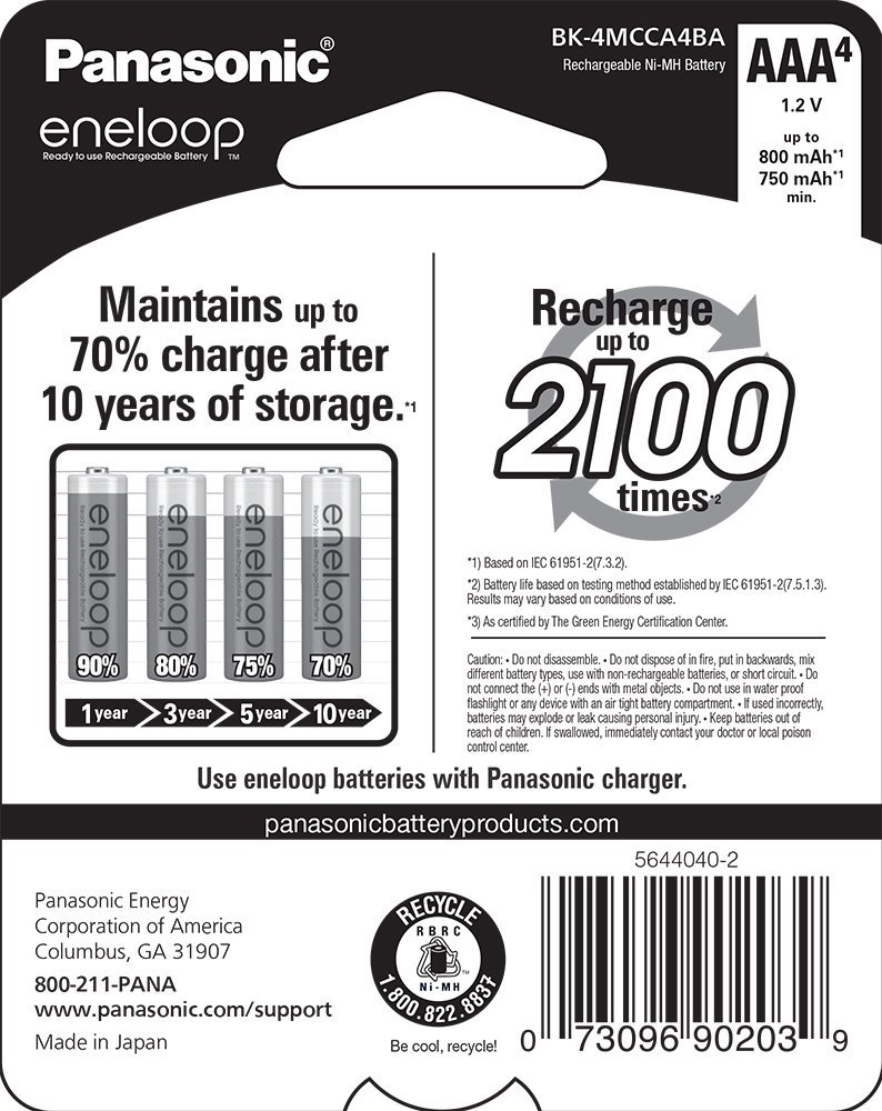 Panasonic BK-4MCCA4BA eneloop AAA 2100 Cycle Ni-MH Pre-Charged Rechargeable Batteries, 4-Battery Pack