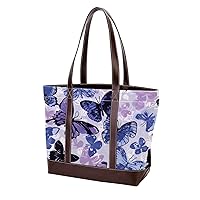 Tote Bag for Women, Large Tote Bags for Women, Tote Bag with Zipper, Purple Butterfly Flowers Art, Womens Tote Bags for Work
