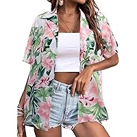 Women Hawaii Shirts: Soft Cool Floral Tropic Print V Neck Summer Tops Short Sleeve Button Up Tops T-Shirt