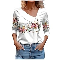 Blouses for Women Business Casual Asymmetric Lapel Gradient Floral Shirts Soft Long Sleeve Button Down T-Shirt