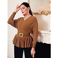 Sweaters for Women Overlap Collar Dolman Sleeve Peplum Sweater Without Belt Sweaters for Women (Color : Brown, Size : Large)