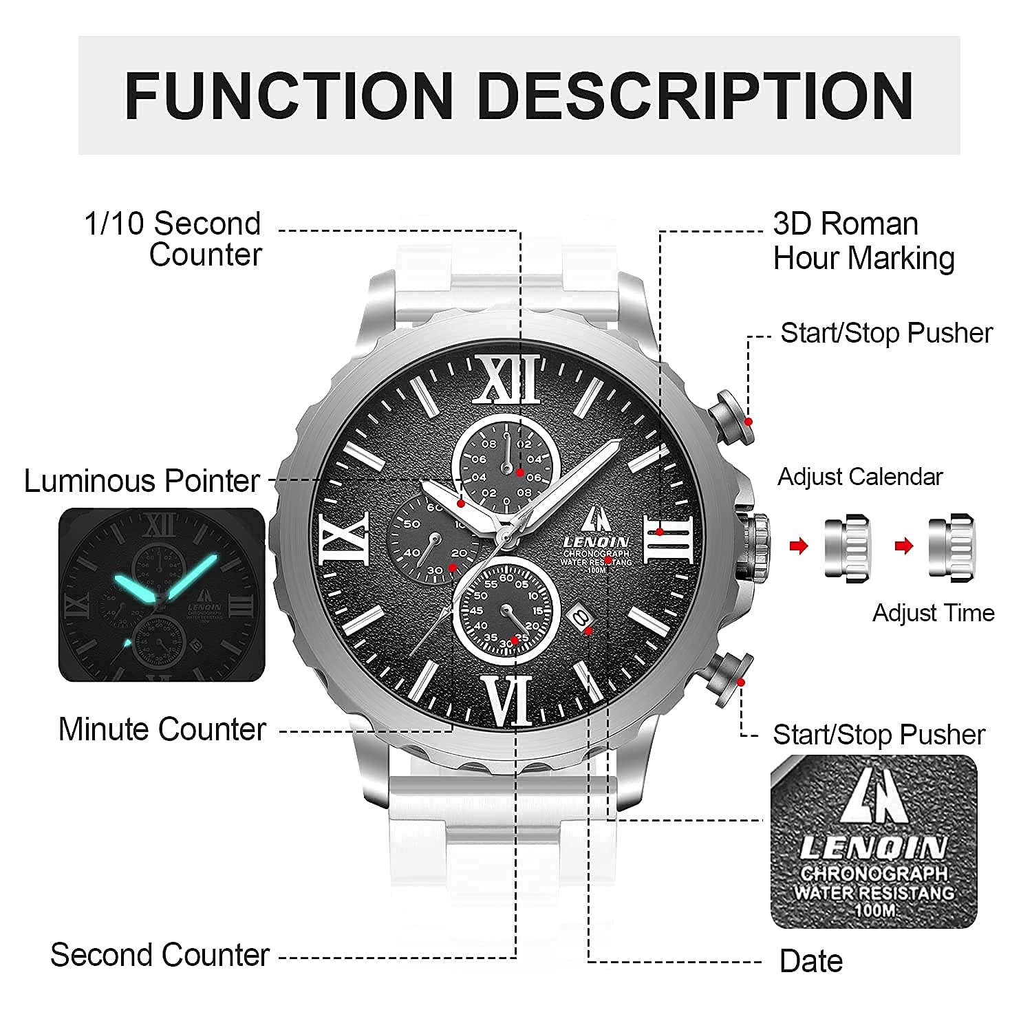 Mens Watches Chronograph Ceramic Waterproof Luminous Date Analog Quartz Luxury Wrist Watches for Men
