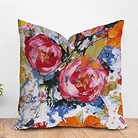 ArogGeld Bright Floral Pink Rose Colourful Sofa Pillowcase Watercolor Rose Peony Flower Decorative Throw Pillow Cushion Japanese Asian Style Farmhouse Pillow Cases for Sofa 24x24in White Flax