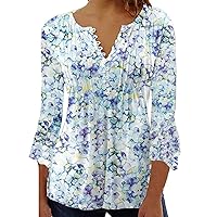 Women's Button Up Shirt Floral Print Top Summer Casual 3/4 Sleeve V Neck Blouse Women's Athletic Shirts