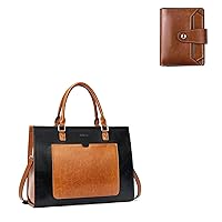 BROMEN Women Briefcase Leather 15.6 inch Laptop Shoulder Bag Black with Brown and Women Leather RFID Blcoking Zipper Wallet Brown