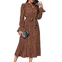 Wellwits Women's Ruffle Sleeved Leopard Print Keyhole Pleated Cocktail Long Dress