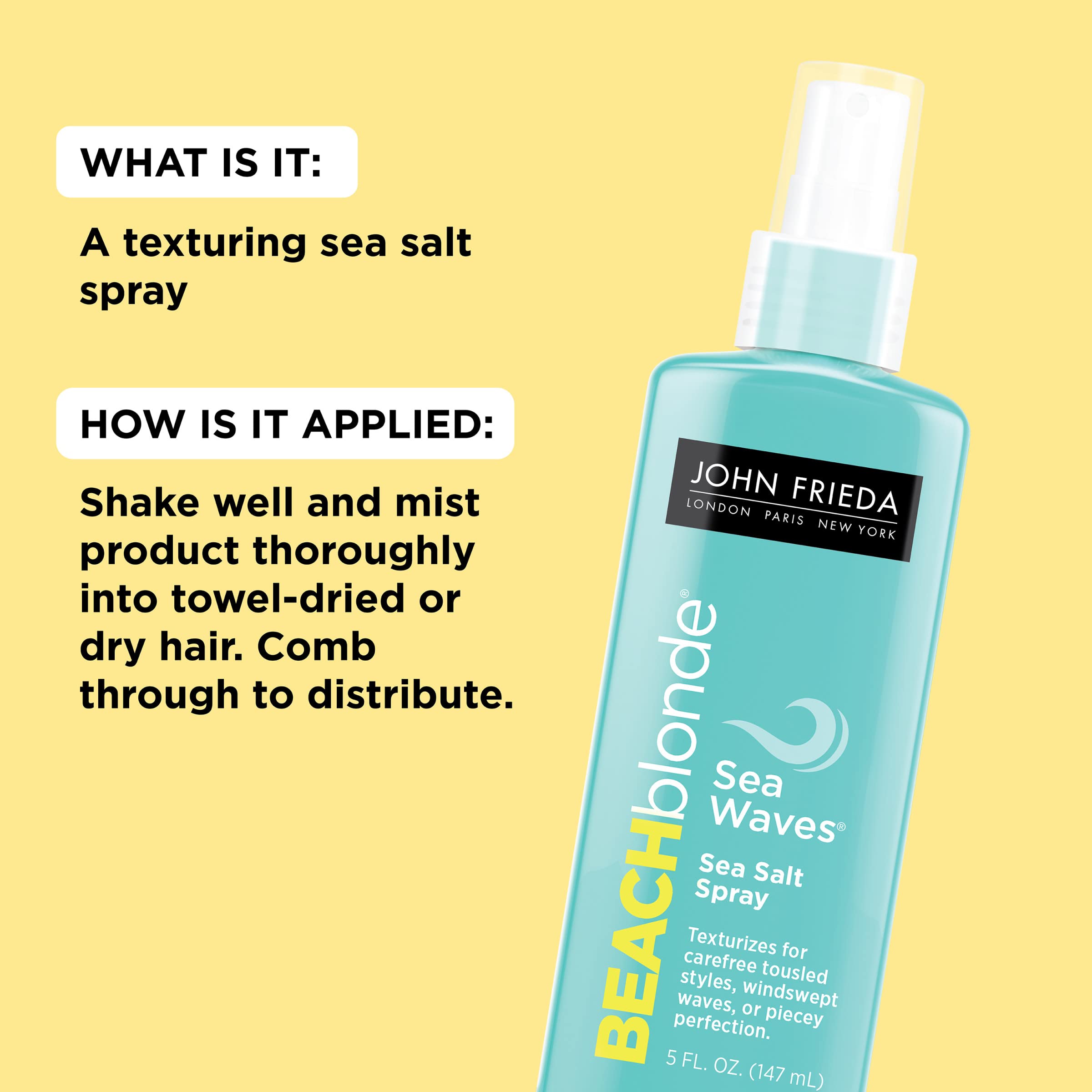 John Frieda Beach Blonde Sea Waves Salt Spray, Wave Texturizing Spray, with Natural Sea Salt to Enhance Wavy Hair for Tousled Volume, 5 Ounce