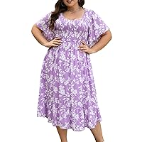 Keluummi Plus Size Parties Dresses for Curvy Women, Casual Summer Boho Floral Midi Dress with Empire Waist and Pockets