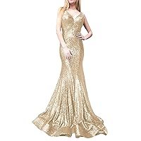 Women's V-Neck Sequins Mermaid Prom Dress Long Evening Party Ball Gown
