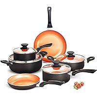 FRUITEAM 10pcs Cookware Set Ceramic Nonstick Soup Pot, Milk Pot and Frying Pans Set, Copper Aluminum Pan with Lid, Induction Gas Compatible, 1 Year Warranty Mothers Day Gifts for Wife…