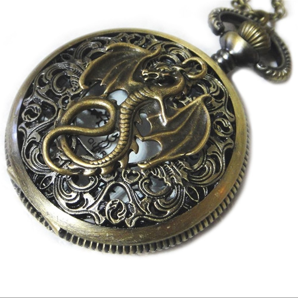 CaseCarnival Dragon Pocket Watch Necklace Charm Pendant - Vintage Victorian Style - Steampunk Lace Retro Fly Dragon Pocketwatch Charms