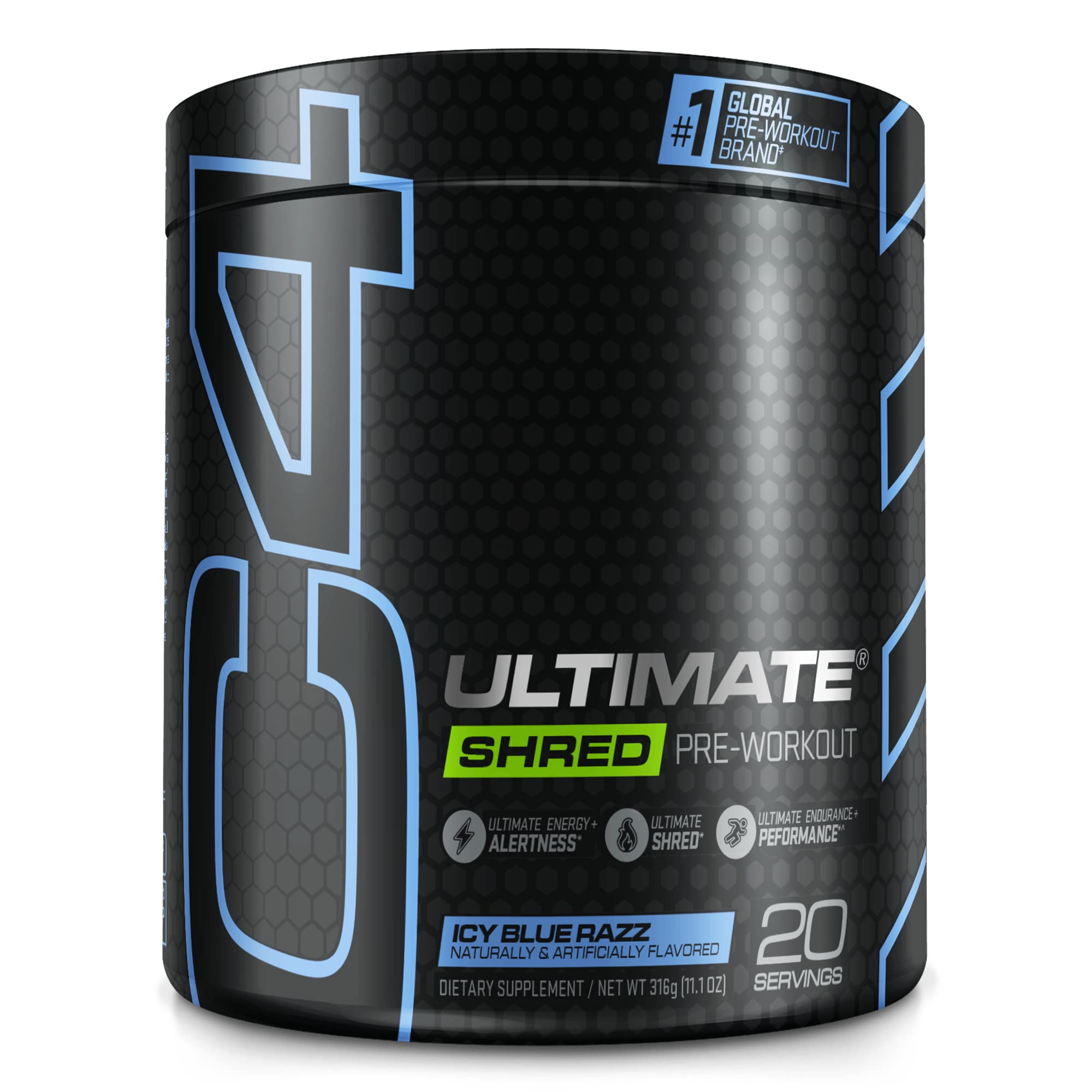Cellucor C4 Ultimate Shred Pre Workout Powder, Fat Burner for Men & Women, Metabolism Supplement with Ginger Root Extract, ICY Blue Razz, 20 Servings
