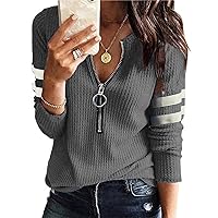 Womens plus size Long Sleeve Henley T Shirts Slim Fit Zipper Tops V Neck Ribbed Knit Shirts