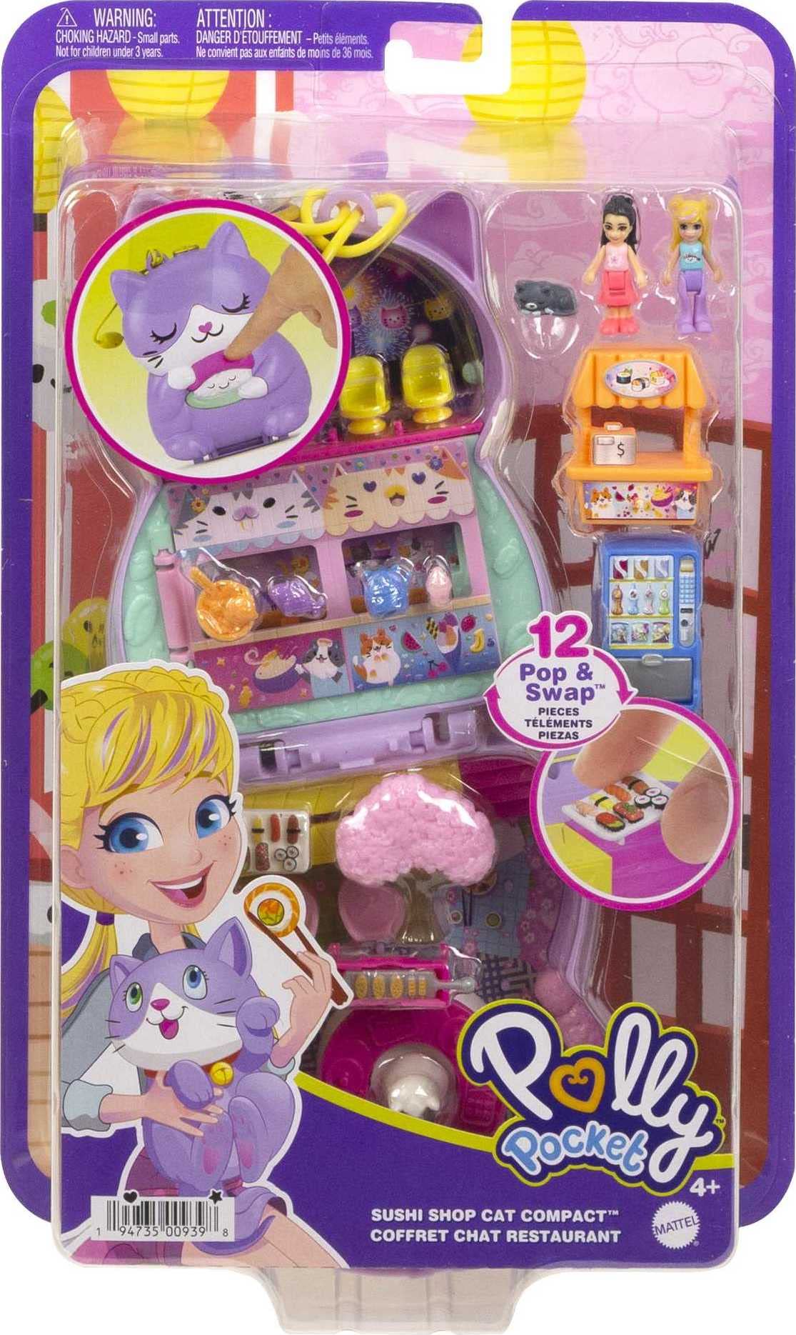 Polly Pocket Compact Playset, Sushi Shop Cat with 2 Micro Dolls & Accessories, Travel Toys with Surprise Reveals