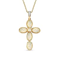 10k Yellow Gold 1/20ct TDW Diamond Round Cut Ethiopian Opal Gemstone Accent Cross Pendant Necklace for Women's (I-J, I2)