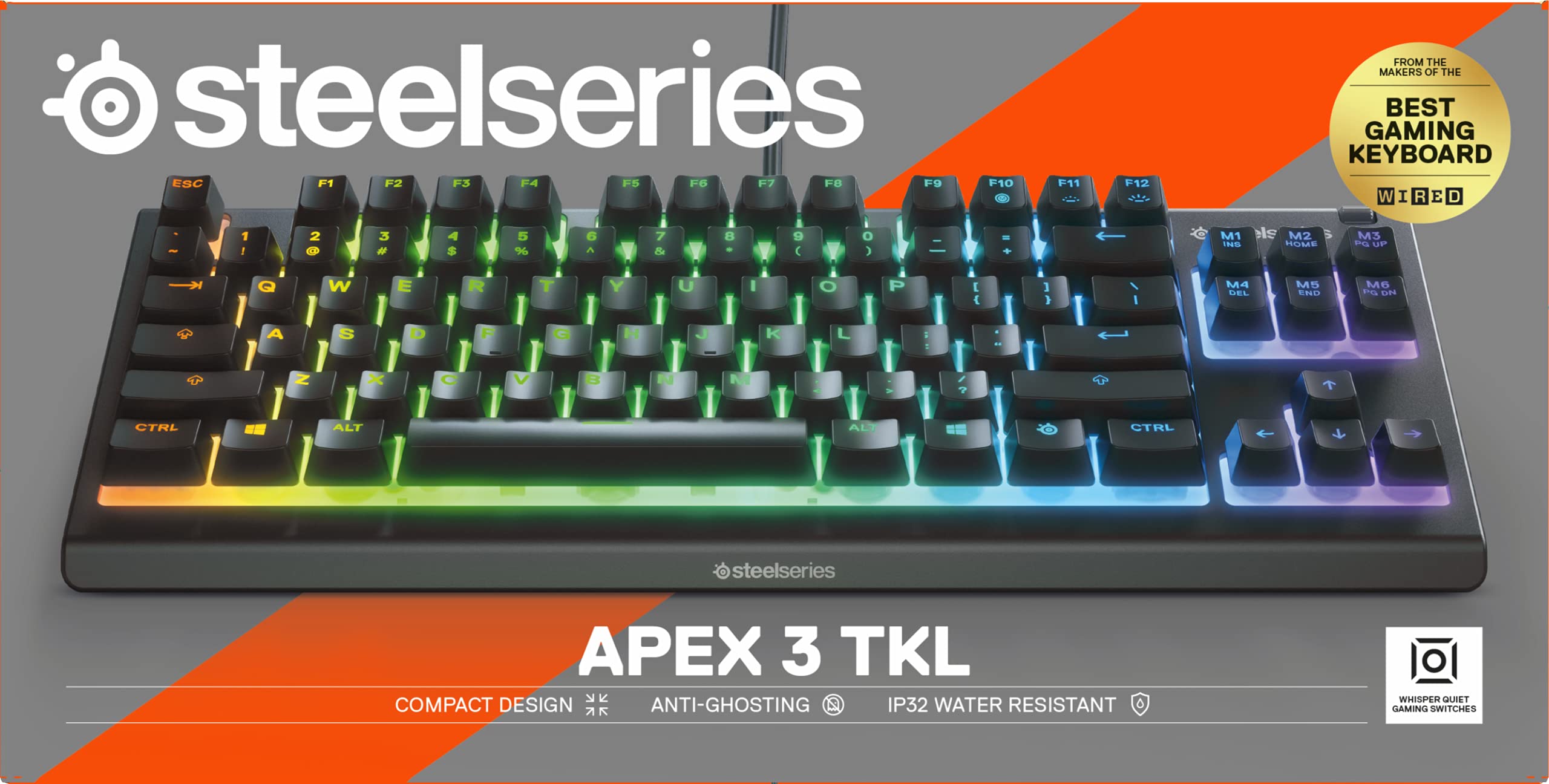 SteelSeries Apex 3 TKL RGB Gaming Keyboard – Tenkeyless Compact Form Factor - 8-Zone RGB Illumination – IP32 Water & Dust Resistant – Whisper Quiet Gaming Switch – Gaming Grade Anti-Ghosting,Black