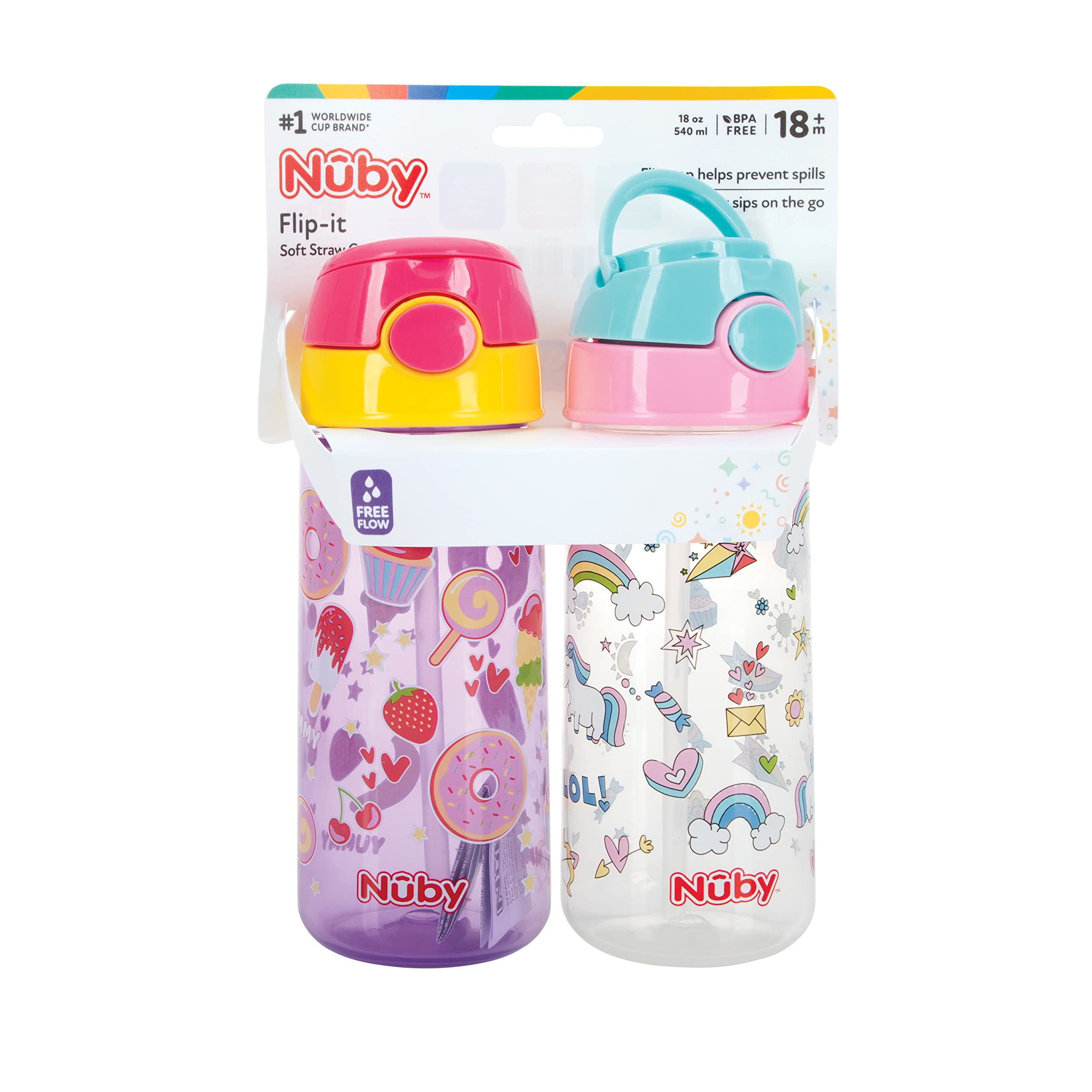 Nuby 2-Pack Kid’s Printed Flip-it Active Water Bottle with Push Button Cap and Soft Straw - 18oz / 540ml, 18+ Months, 2-Pack, Prints May Vary