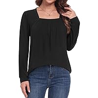 ALIGADUO Womens Fall Casual Pleated Tunic Tops Suqare Neck Shirts Puff Long Sleeve Blouses