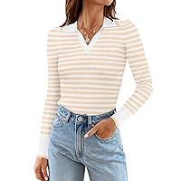 MEROKEETY Womens 2024 Long Sleeve Striped T Shirts Polo V Neck Fitted Ribbed Knit Casual Tee Tops
