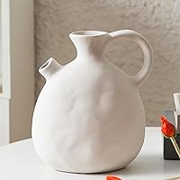 Ceramic Vase with Handle, Modern Farmhouse Pitcher Vase for Home Decor, Rustic Pottery Vase, Decorative Flower Vase, Clay Vase, Jug, Centerpieces for Living Room