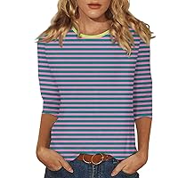 Womens 3/4 Sleeve Tops Casual,3/4 Length Sleeve Womens Tops Round Neck Stripe Print T Shirts 2024 Summer Solid Color Loose Fit Cute Blouse Off The Shoulder Top