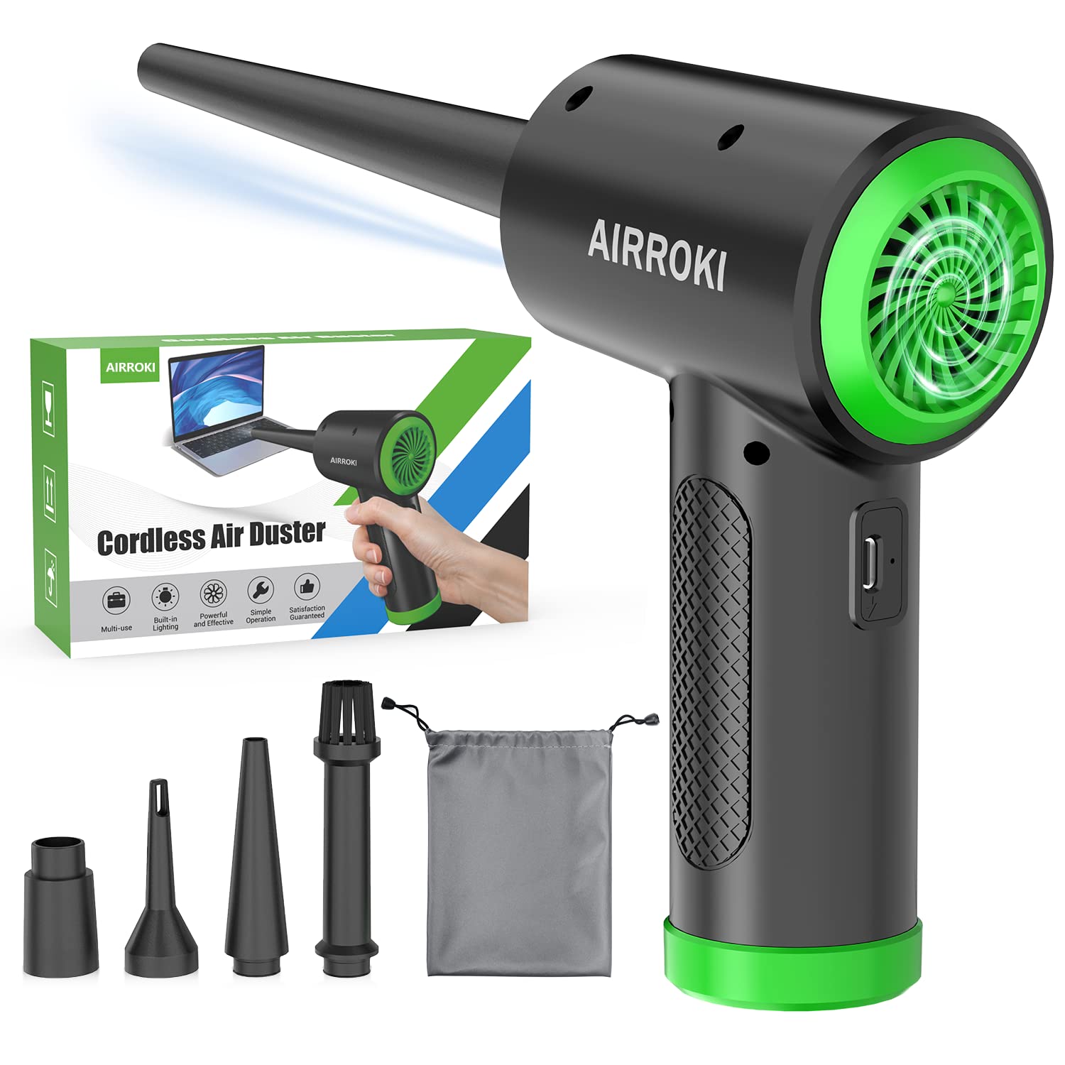 AIRROKI Compressed Air Duster - Electric Air Duster for Computers, 51000RPM Cordless Air Duster, Good Replace Compressed Air Can, 6000mAh Reusable no Canned Air Duster for PC Keyboard Cleaner
