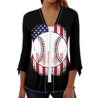 4th of July Plus Size Shirts for Women's Fashion Loose Casual Independence Day Printed 3/4 Sleeves Button Shirt Cardigan Top