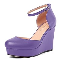 Womens Fashion Round Toe Buckle Ankle Strap Matte Night Club Solid Wedge High Heel Pumps Shoes 4 Inch