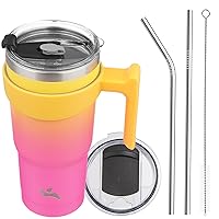 20oz Tumbler with Handle and 2 Straw 2 Lid, Insulated Water Bottle Stainless Steel Vacuum Cup Reusable Travel Mug,Rainbow