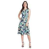 London Times Women's Sleeveless Fit and Flare Dress with Pleat Tucks and Keyhole Detail at Neck