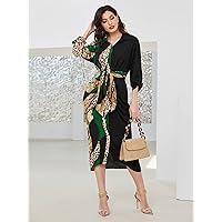 Fall Dresses for Women 2023 Patchwork Print Roll Tab Sleeve Belted Shirt Dress Dresses for Women (Color : Multicolor, Size : X-Small)