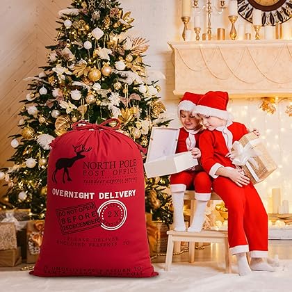 HBlife 3 Pack Canvas Santa Sack, 19.7 X 27.6 Inch Large Santa Bags for Gifts, Personalized Christmas Sacks for Presents with Drawstring, 3 Pack C