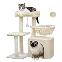 PEQULTI Small Cat Tree, [28.5''] Cat Tower for Indoor Cats, 2 Styles Cat Activity Tree with Cat Scratching Posts, Big Hammock and Removable Top Perch Beige