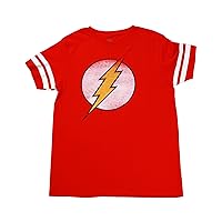 The Flash Distressed Logo with Striped Sleeves Red Adult T-Shirt Tee (Adult XX-Large)