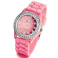 Lancardo Silicone Ceramic Style Pink Wrist Watch Silver Trim and Sparkly Rhinestones Surround Bezel Women's Wristwatch