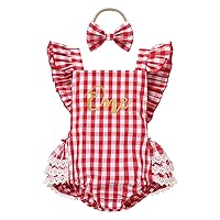 IMEKIS Baby Girl 1st Birthday Outfit Vintage Plaid Summer Romper with Headband Strawberry Cake Smash Photo Shoot