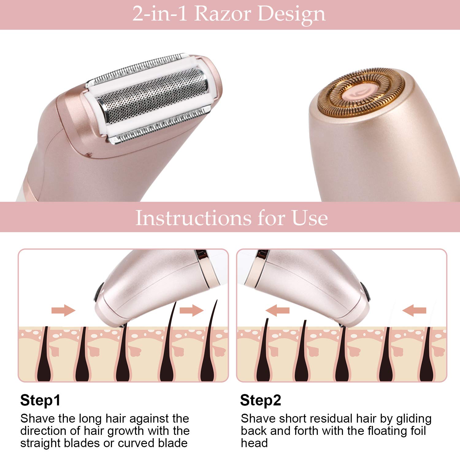 Electric Razor for Women - RenFox Women Electric Shaver 2 in 1 Wet & Dry USB Rechargeable Women Shaver for Legs Underarms and Bikini 2 Changeable Hair Removal Heads (Rose Gold)