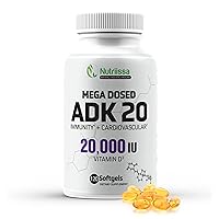 ADK 20 Mega Dosed Vitamin Supplement - 20,000 IU Vitamin D3, Immunity and Cardiovascular Support, 120 Softgels, 120 Servings per Bottle