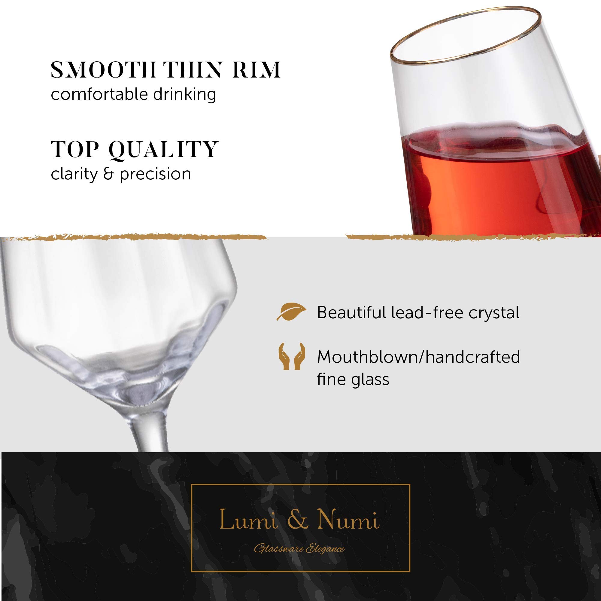 Hand Blown 15.5 Oz Wine Glasses - 24K Gold-Rim - Set of 4 Classic Crystal White & Red Wine Glass + Gold-Plated Wine Bottle Stopper - Lead-Free, Faceted Glass for Entertaining & Gifting by Lumi & Numi