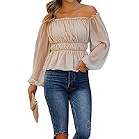 EFOFEI Women's Off The Shoulder Tops Shirred Long Sleeve Blouses Sexy Solid Color Boho Shirts