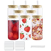 Sublimation Glass Cups Blanks with Bamboo Lids and Straws 8 Set 16 oz Reusable Iced Coffee Cup Beer Can Drinking Glasses, Cute Tumbler Cup for Smoothie Whiskey Boba Soda Tea Water…
