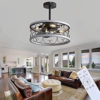 Ceiling Fans with Lamps,Vintage Cage Quiet Fan Chandelier Ceiling Light Dc Reversible Industrial Style 6 Speed Timer Ceiling Fans with Lights and Remote Control for Bedroom Dining Room/White