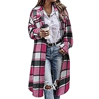 CHICZONE Womens Casual Lapel Button Down Long Plaid Shirt Flannel Shacket Jacket Tartan Trench Coat Rose L