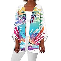 Lightweight Cardigan for Women Summer Casual Blouse Open Front Beach Cover Up Tops Printed 3/4 Sleeve Kimono Cardigan
