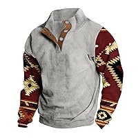 Men Aztec Sweatshirts 1/4 Button Long Sleeve Pullover Sweaters Soft Stretch Fleece Shirts Stand Collar Polo Sweatshirt