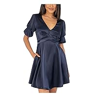 Speechless Womens Navy Stretch Darted Lined Pouf Sleeve V Neck Short Party Fit + Flare Dress Juniors 0