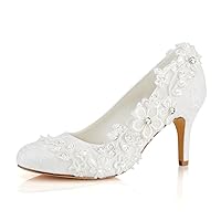 Emily Bridal 183-1-6 Women's Wedding Shoes Closed Toe 3.15 Inches Stiletto Heel Lace Satin Pumps with Rhinestone Lace Flower Bridal shoes
