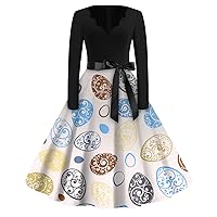 Women's Easter Dresses for Girls Fashion V-Neck Casual Slim Print Long Sleeve Dresses, S-5XL